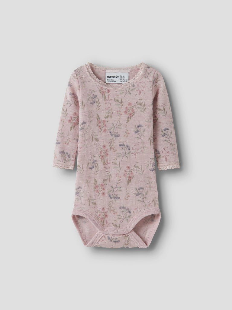 Body Merinoull Långärmad Wang NB Mönster Blommor Rosa