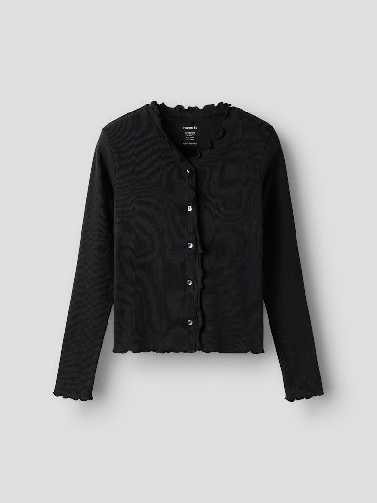 Långärmad Topp Ribbad Knappdetaljer Enfärgad Bacdo Svart