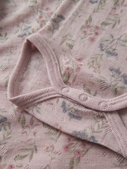 Body Merinoull Långärmad Wang NB Mönster Blommor Rosa