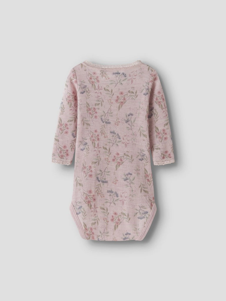 Body Merinoull Långärmad Wang NB Mönster Blommor Rosa