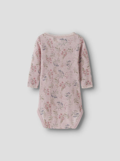 Body Merinoull Långärmad Wang NB Mönster Blommor Rosa