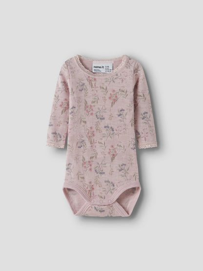 Body Merinoull Långärmad Wang NB Mönster Blommor Rosa