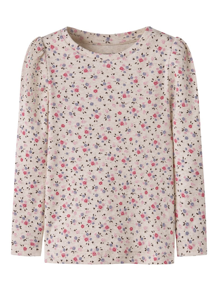 Topp Nicole Långärmad Ribbad Blommor Beige