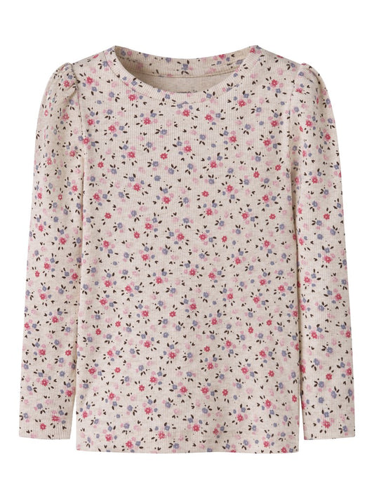 Topp Nicole Långärmad Ribbad Blommor Beige