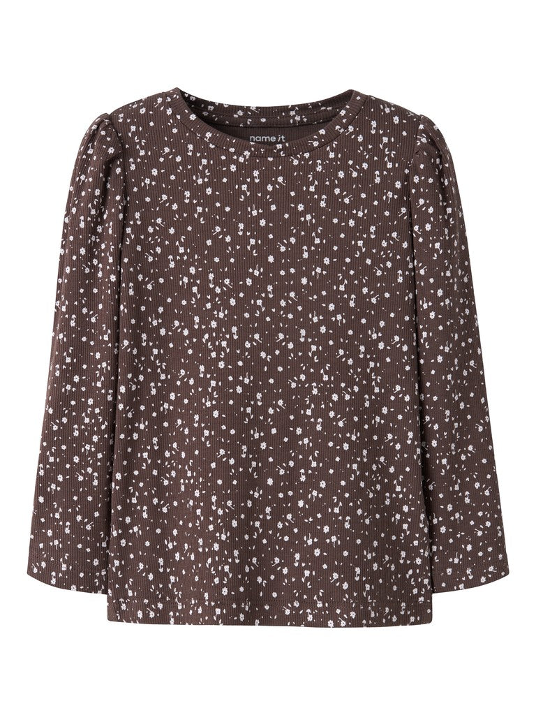 Topp Nicole Långärmad Ribbad Blommor Brun