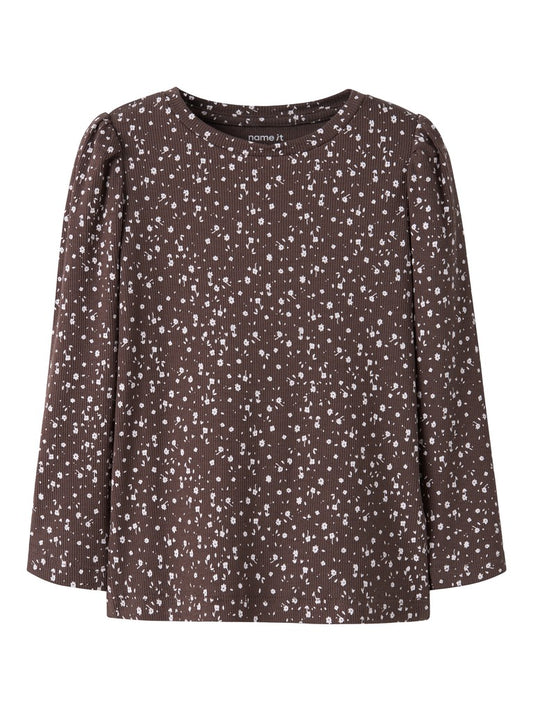 Topp Nicole Långärmad Ribbad Blommor Brun