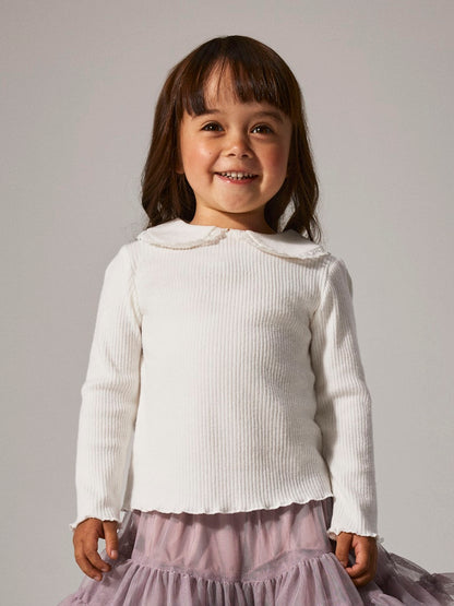 Topp Långärmad Krage Ribbad Baila Vit