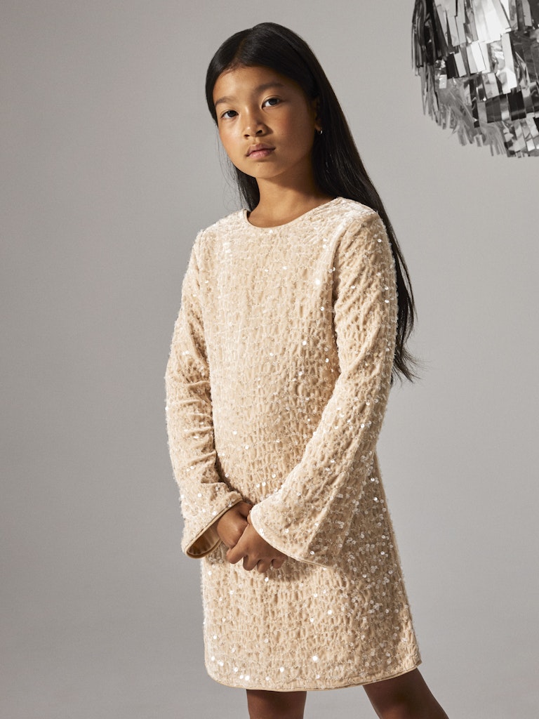 Paljettklänning Rusitta Långärmad Beige