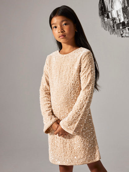 Paljettklänning Rusitta Långärmad Beige