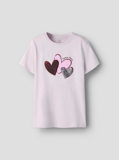 Kortärmad Topp Vändbara Paljetter Hjärtan Rosa