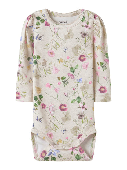 Body Långärmad Falca Blommor Beige